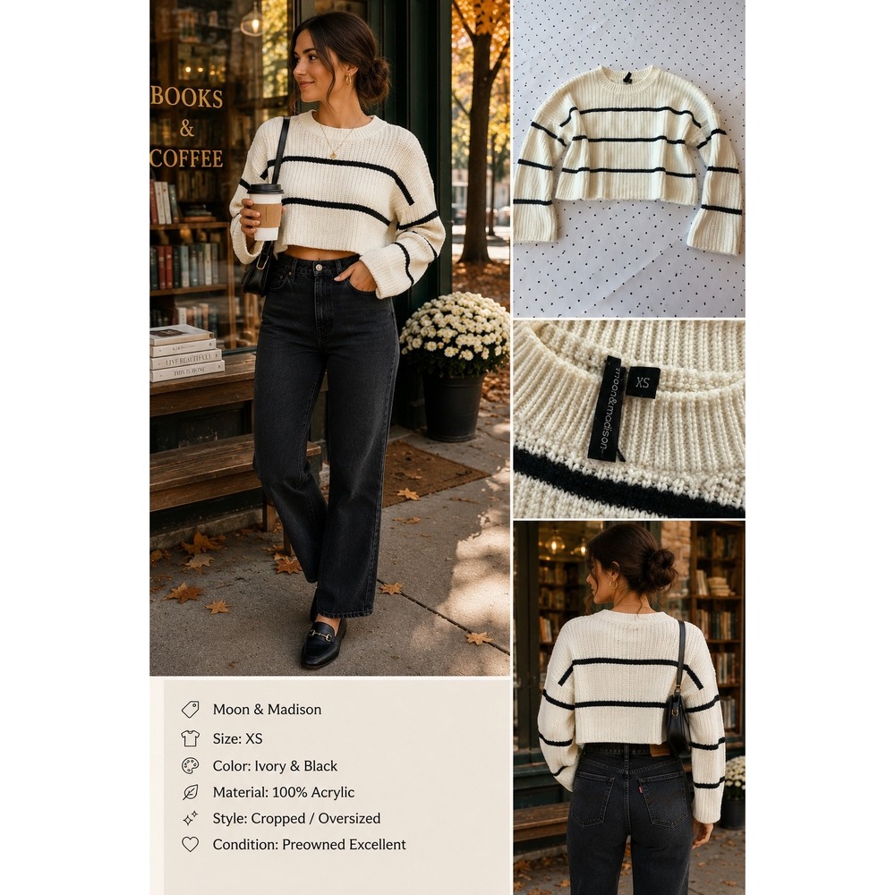 Moon & Madison XS Ivory Black Stripe Chunky Knit Cropped Sweater Oversized Fall